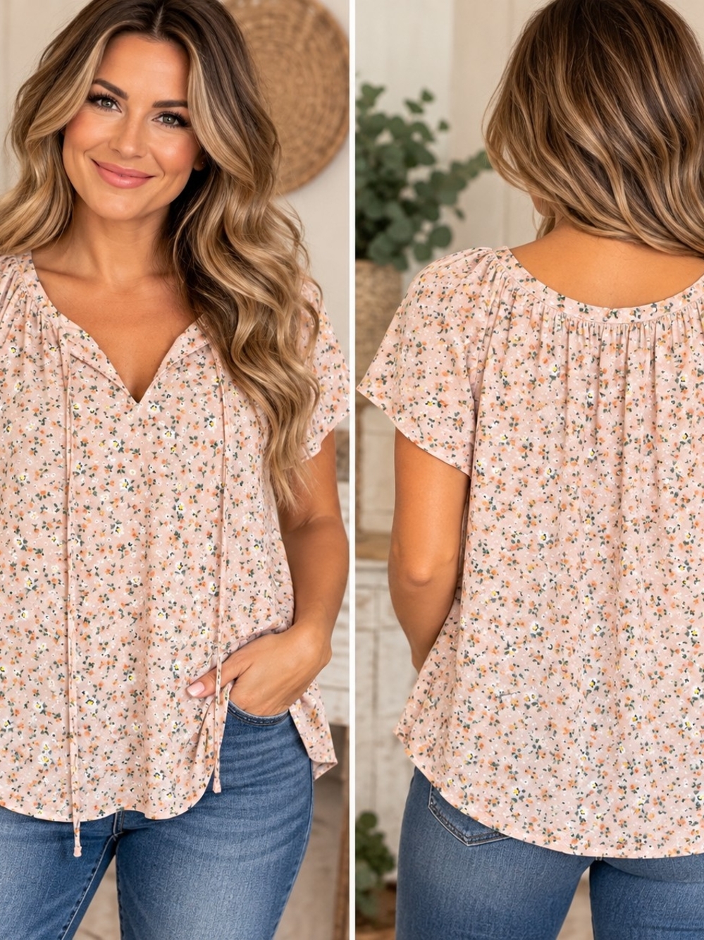 Boho Style Pink Floral Tie-Front Peasant Blouse
